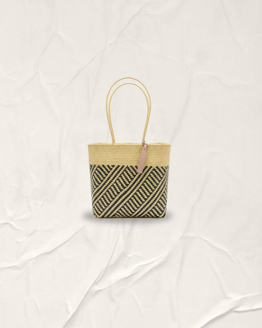 Handmade Serene Cream Anchor Black Selaras Bag with Indonesian ladder pattern and recycled material, size M long handle.